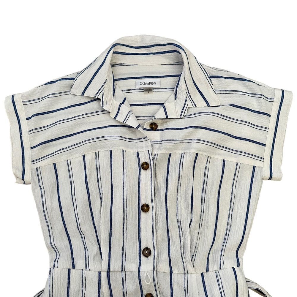 Calvin Klein ~ White with blue stripes belted dress ~ capped sleeves ~ size 2 - Picture 4 of 9